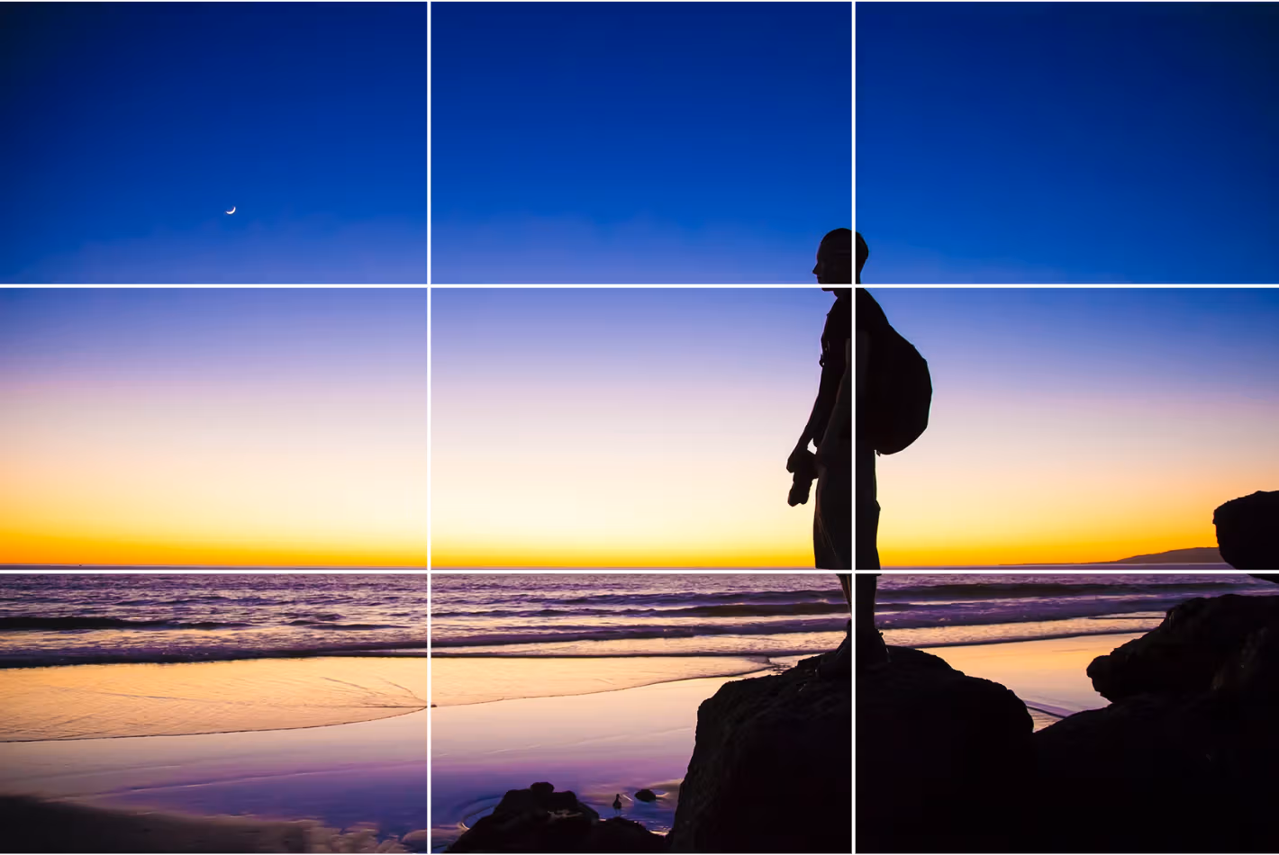 A silhouette of a man on the rocks with a grid over it.